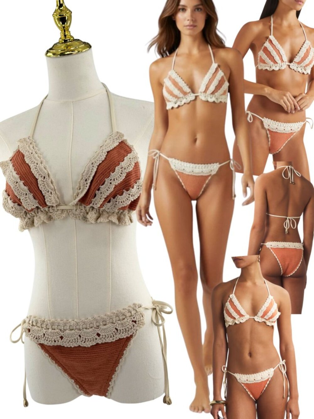 🆕 ZIMMERMANN 🧿 NWT Wylie Knit & Crochet Triangle Bikini, Coral - Sz 3 US 8/10